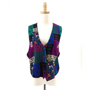 VTG 90s Olympia Blouses Women 100% Silk Patchwork Print Vest Medium Colorful Art